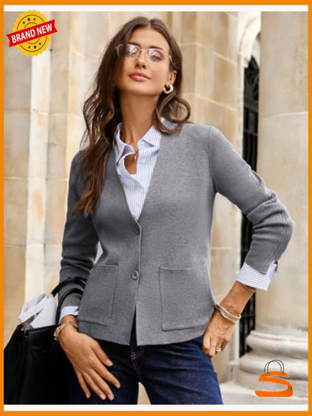 Sweater Blazer Knit Cardigan Business Casual Work Suit Jacket with Pockets - Picture 4 of 7